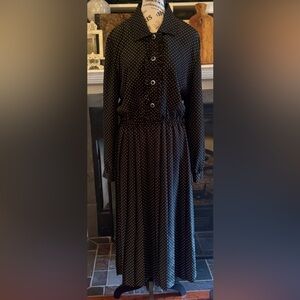 Vintage Leslie Fay Black Blouson Dress Pleats Yellow Polkadots Buttons Large 14